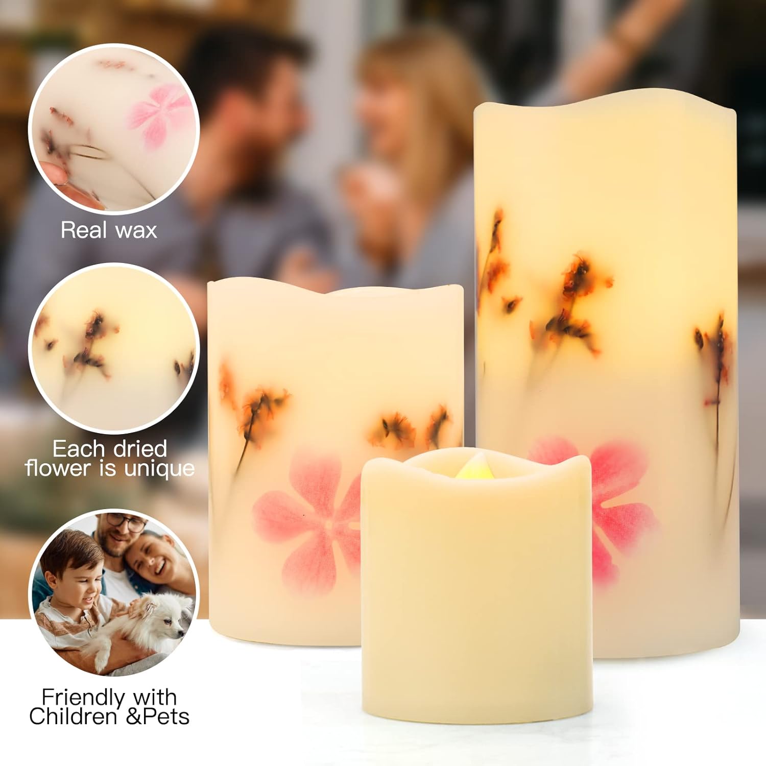 Velas sin llama con control remoto, paquete de 12 velas a pilas, velas parpadeantes sin llama con flores secas incrustadas, velas LED eléctricas de
