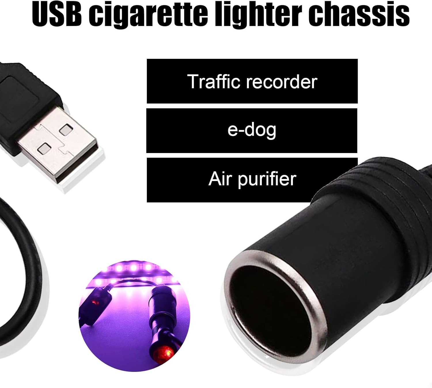 Adaptador USB para encendedor de cigarrillos de automóvil, 11.4 pies, de plástico, impermeable, de 5 V a 12 V, conexión de grabadora de conducción