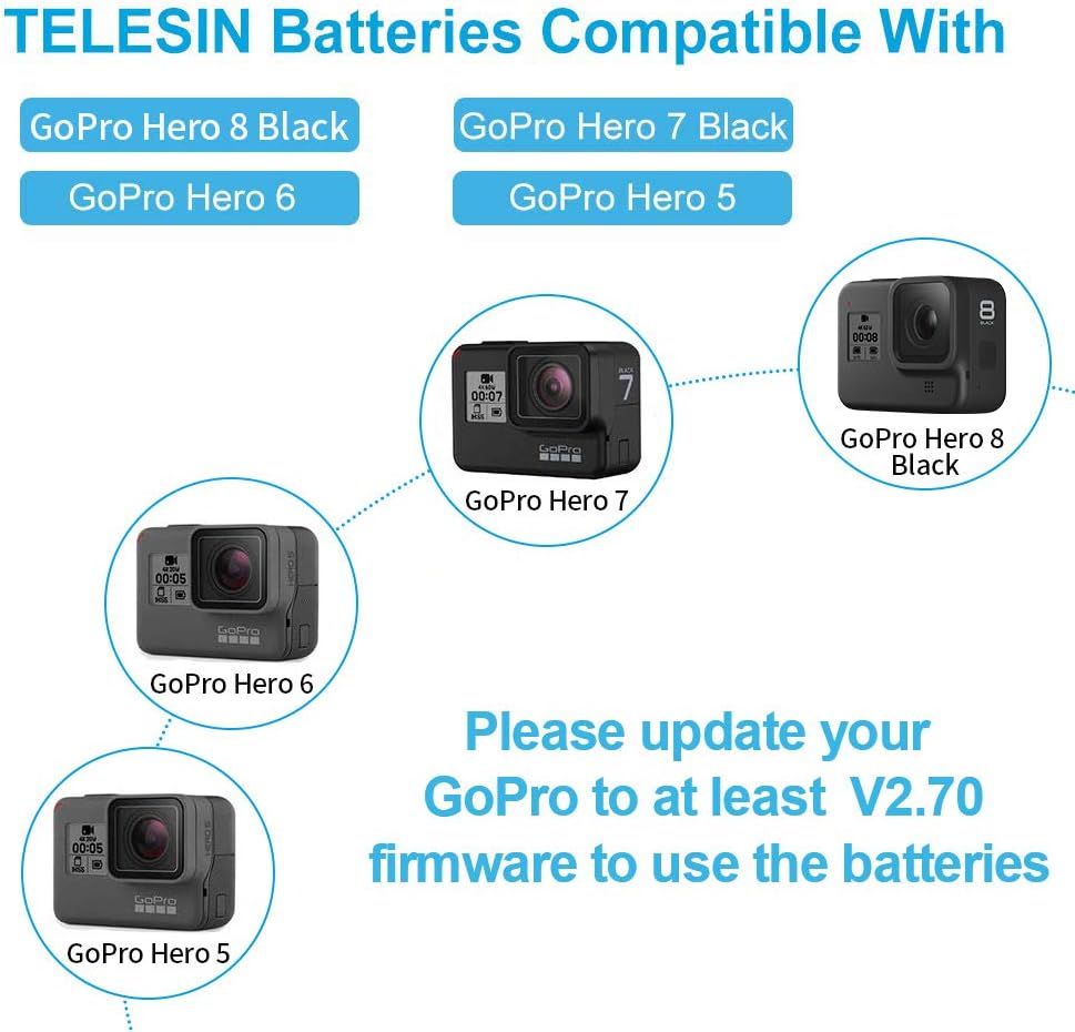 Paquete de 2 baterías para Hero 8765, batería USB de 3 canales, cargador rápido con cable tipo C compatible con GoPro Hero 8 Negro, Hero 765 negro