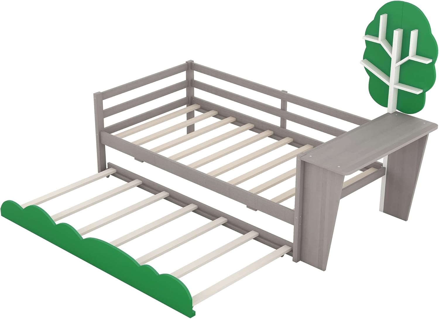 Anwick Base de cama individual con escritorio y nido, sofá cama de madera con escritorio y estantes en forma de árbol verde, cama de plataforma de