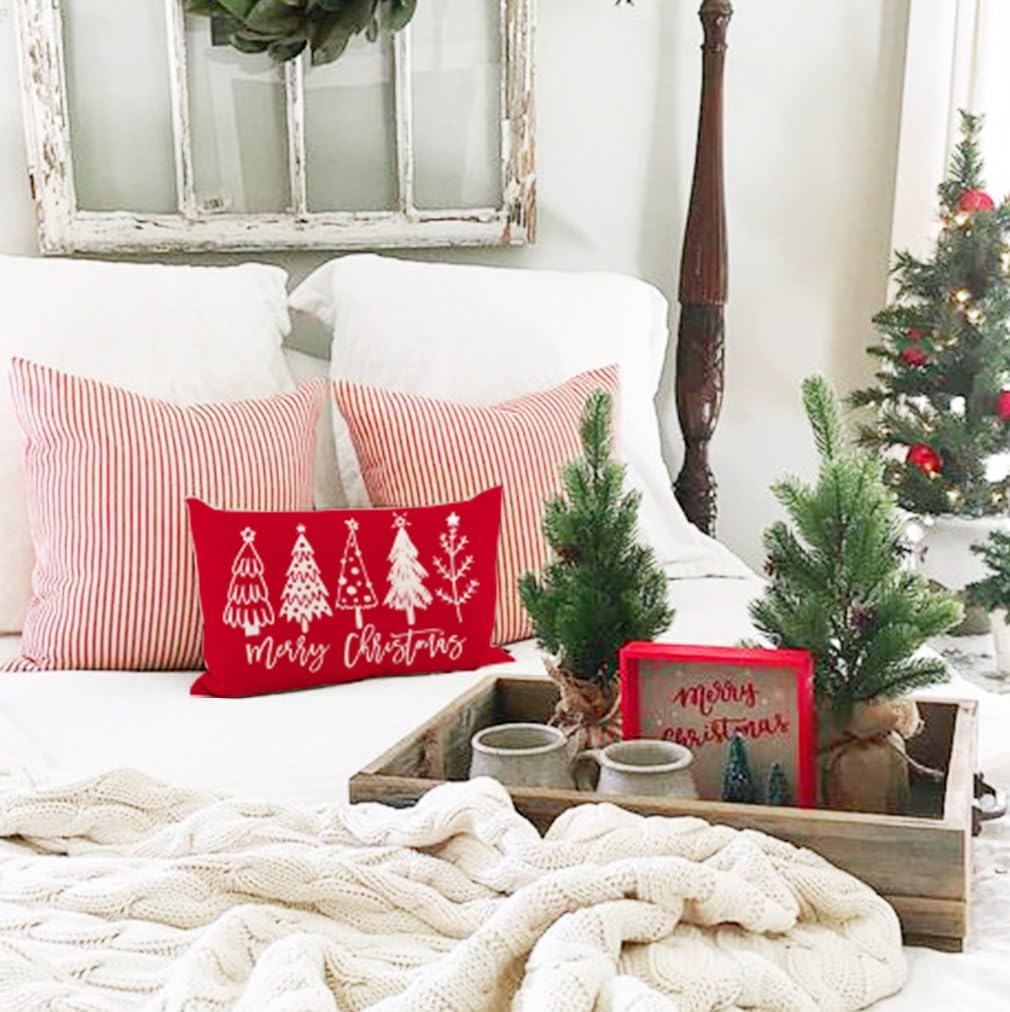 Fundas de almohada de árbol de Navidad de 12 x 20 pulgadas, almohadas lumbares rojas de Navidad, fundas decorativas modernas de casa de campo,