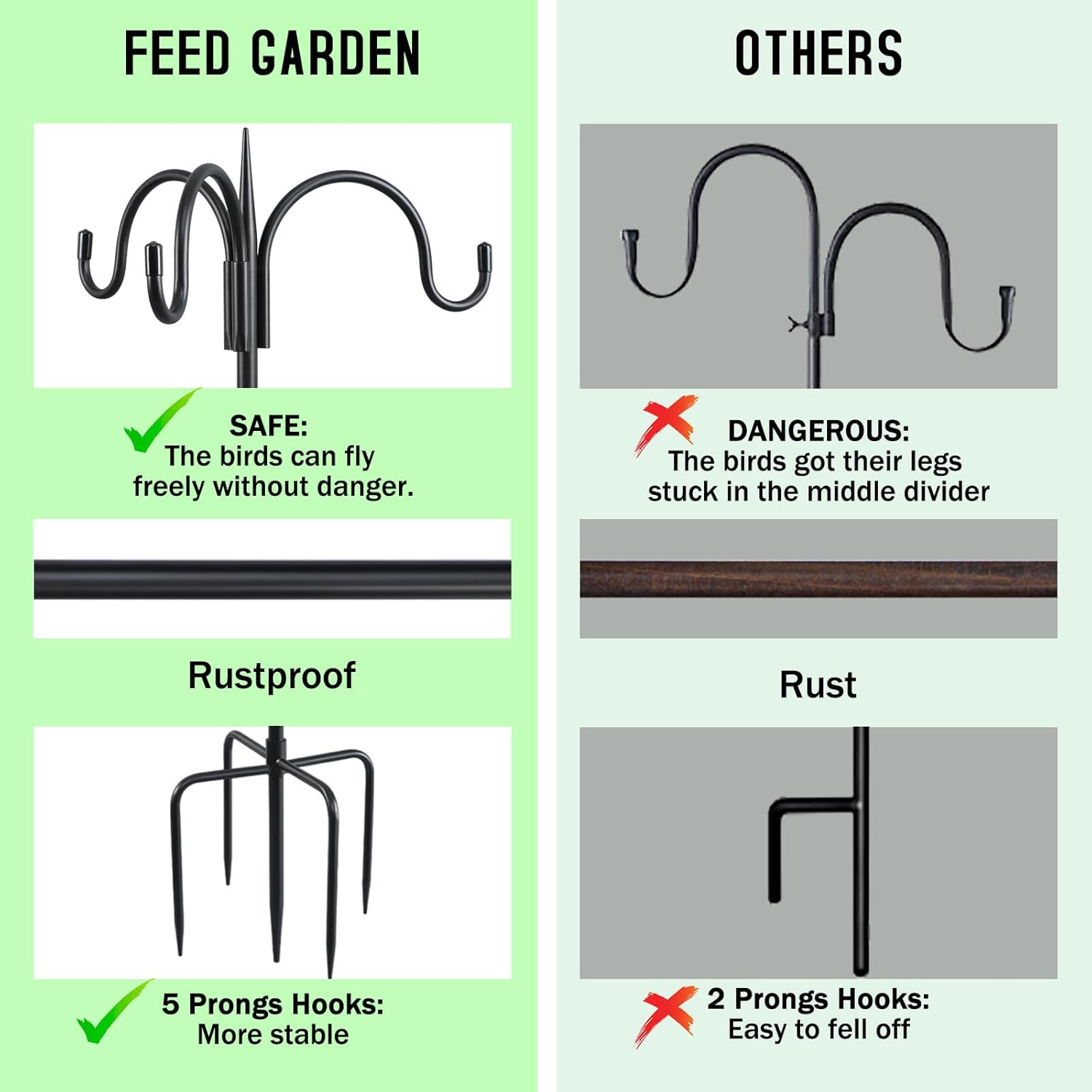 FEED GARDEN Versión actualizada de 91 pulgadas con tres ganchos de pastor para exteriores, poste comedero de pájaros con base de 5 puntas, ganchos