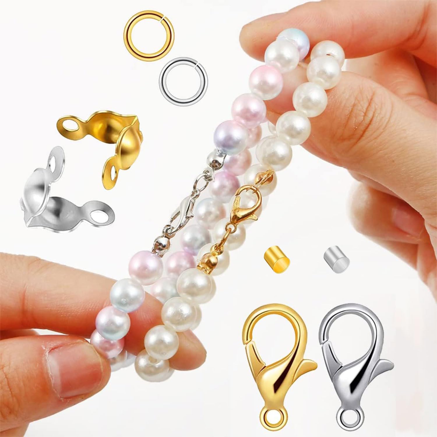 Juego de 1200 accesorios para fabricación de joyas con 100 piezas de cierre de pinza de langosta, 300 puntas de cuentas, cubiertas de nudo, 400