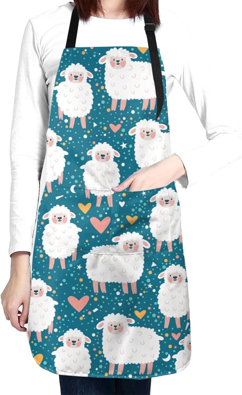 Duduho Delantal con 2 bolsillos, diseño de oveja, corazón y estrellas, delantal para cocinar, babero, para mujeres, hombres, unisex, ajustable,