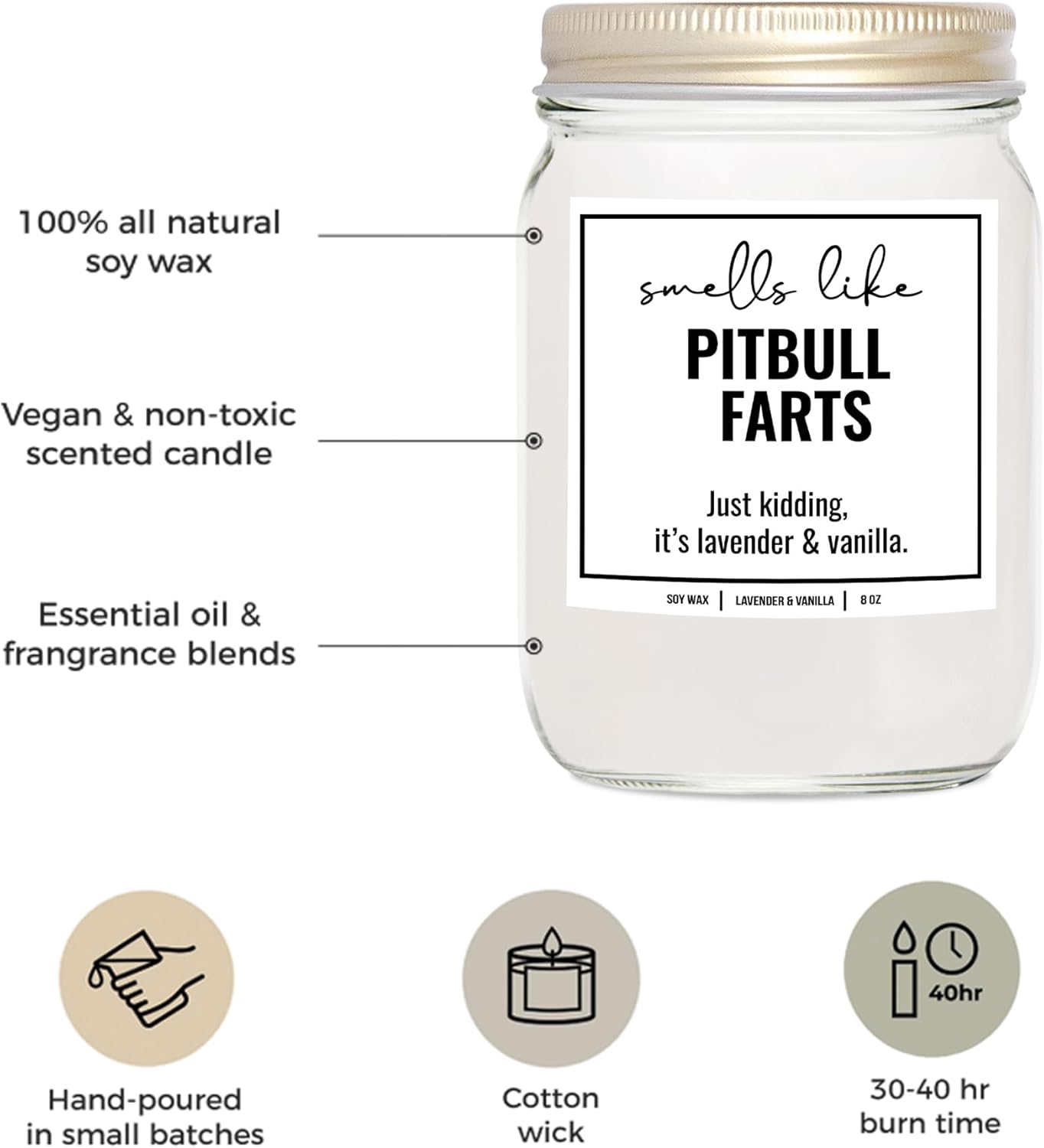 YouNique Designs Vela de soja con olor a pedos de Pitbull, regalos para los amantes de Pitbull, regalos para mamá de Pit Bull para mujeres, regalos