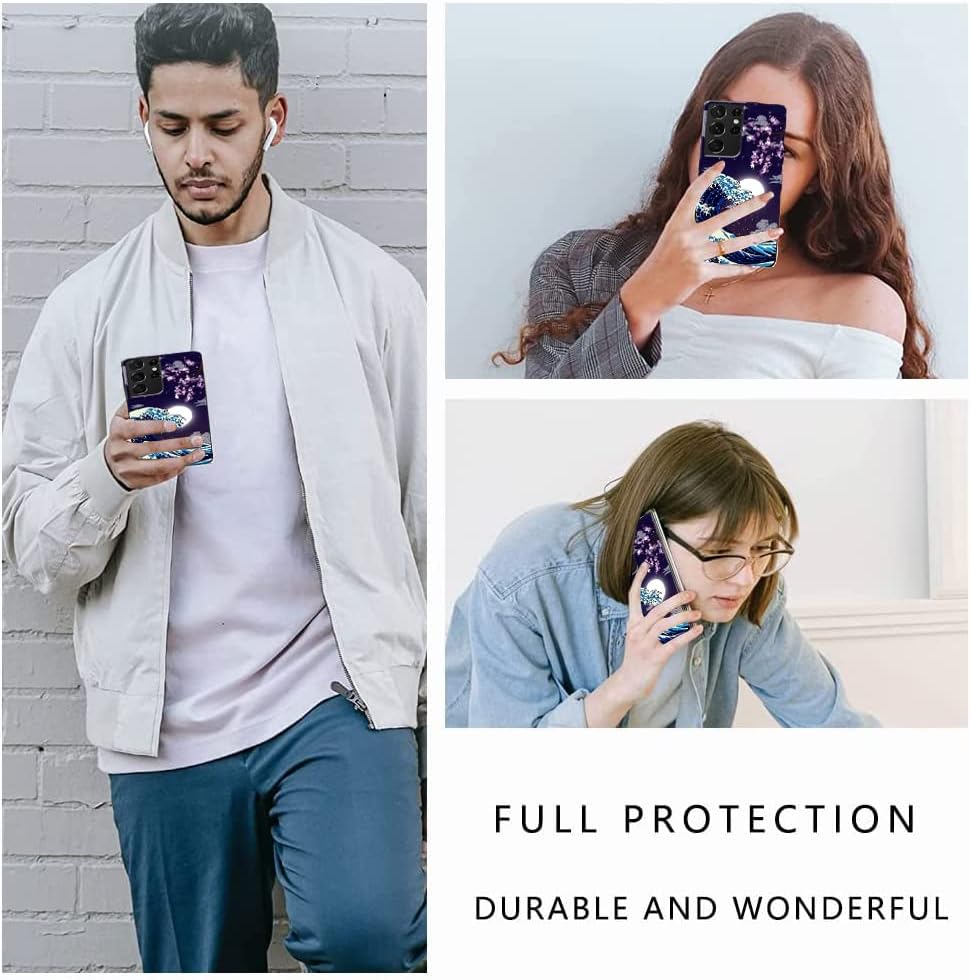 Funda compatible con Samsung Galaxy S21 Ultra, diseño de patrón estético japonés de flor de cerezo y luna, protección de cuerpo completo a prueba de