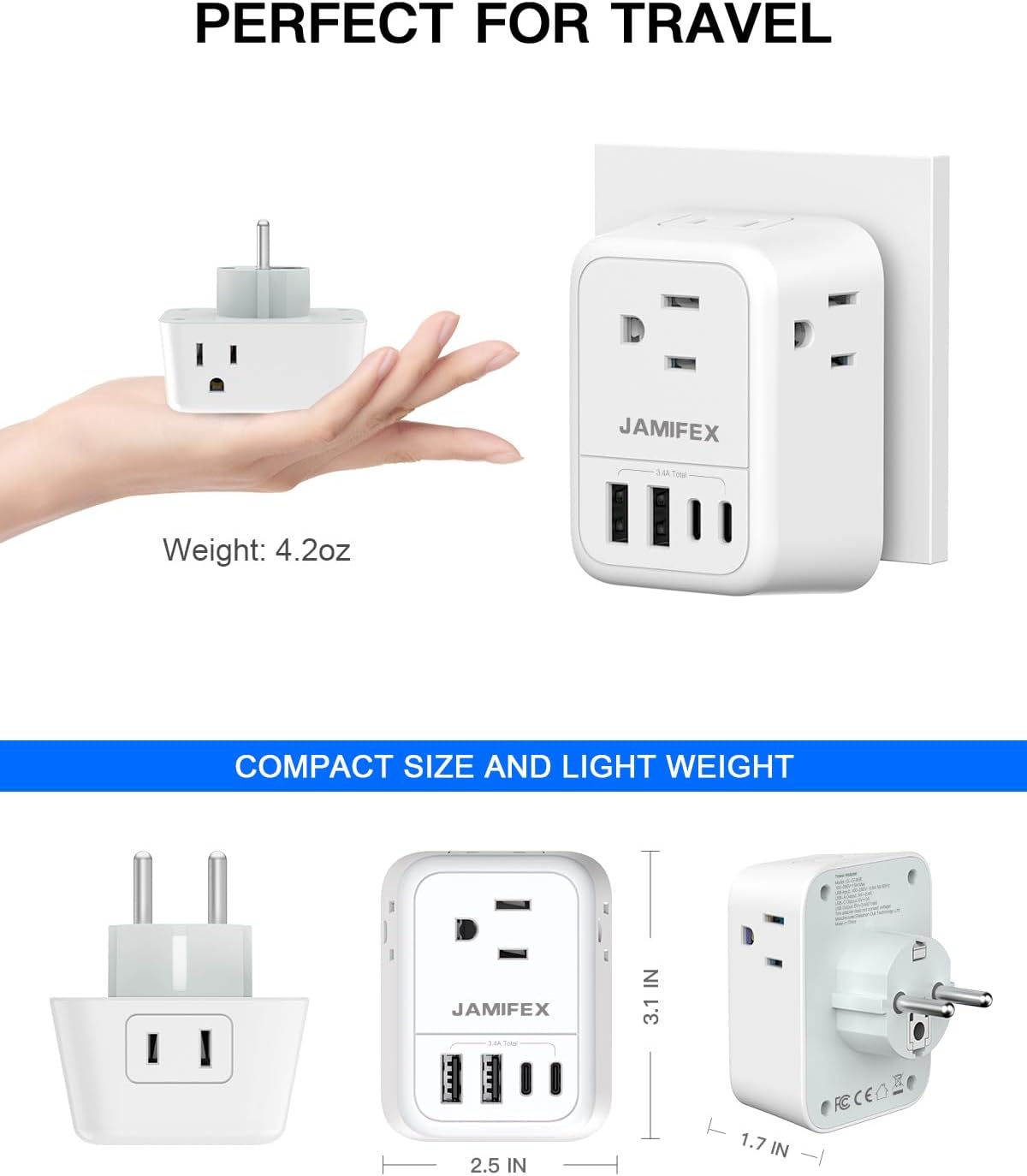 JAMIFEX Adaptador de corriente de viaje de Alemania Francia, convertidor de adaptador de enchufe Schuko europeo tipo EF con 4 puertos USB (2 USB-C)