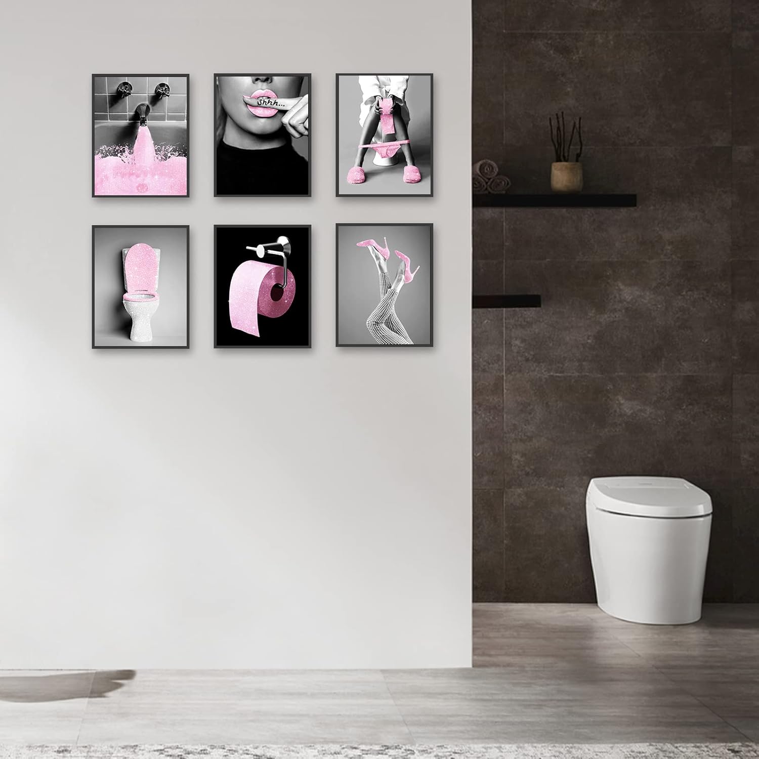Juego de 6 impresiones artísticas de pared de moda para decoración de baño, pósteres de tela con purpurina glamorosa, fotos, obras de arte de baño,