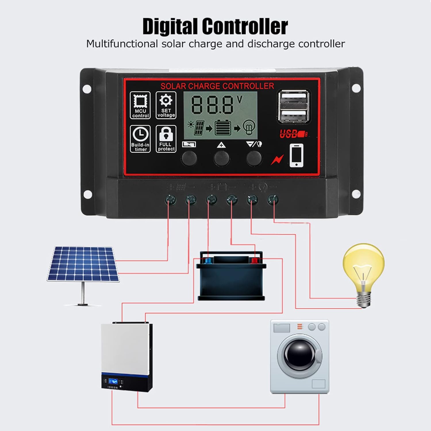 Uxsiya con microcontrolador incorporado Controlador de energía solar Controlador de batería solar de 30 A configurado de forma flexible para el