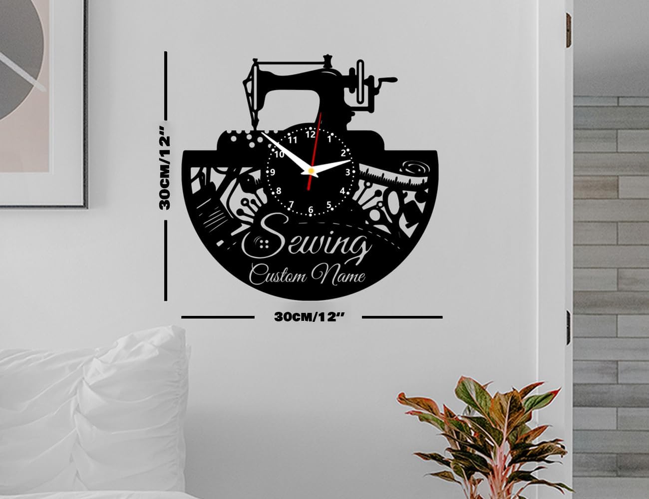 Reloj de pared con temática de máquina de coser, arte de pared de registro de madera, decoración de oficina en casa, regalo para sastres,