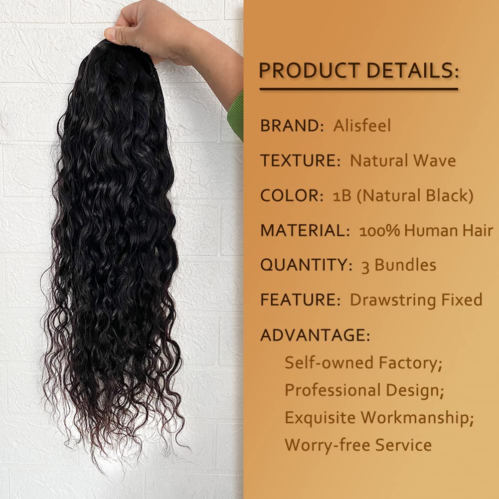 Alisfeel Extensiones de cola de caballo de cabello humano ondulado natural para mujeres negras, extensión de cola de caballo con cordón, 3.53 onzas