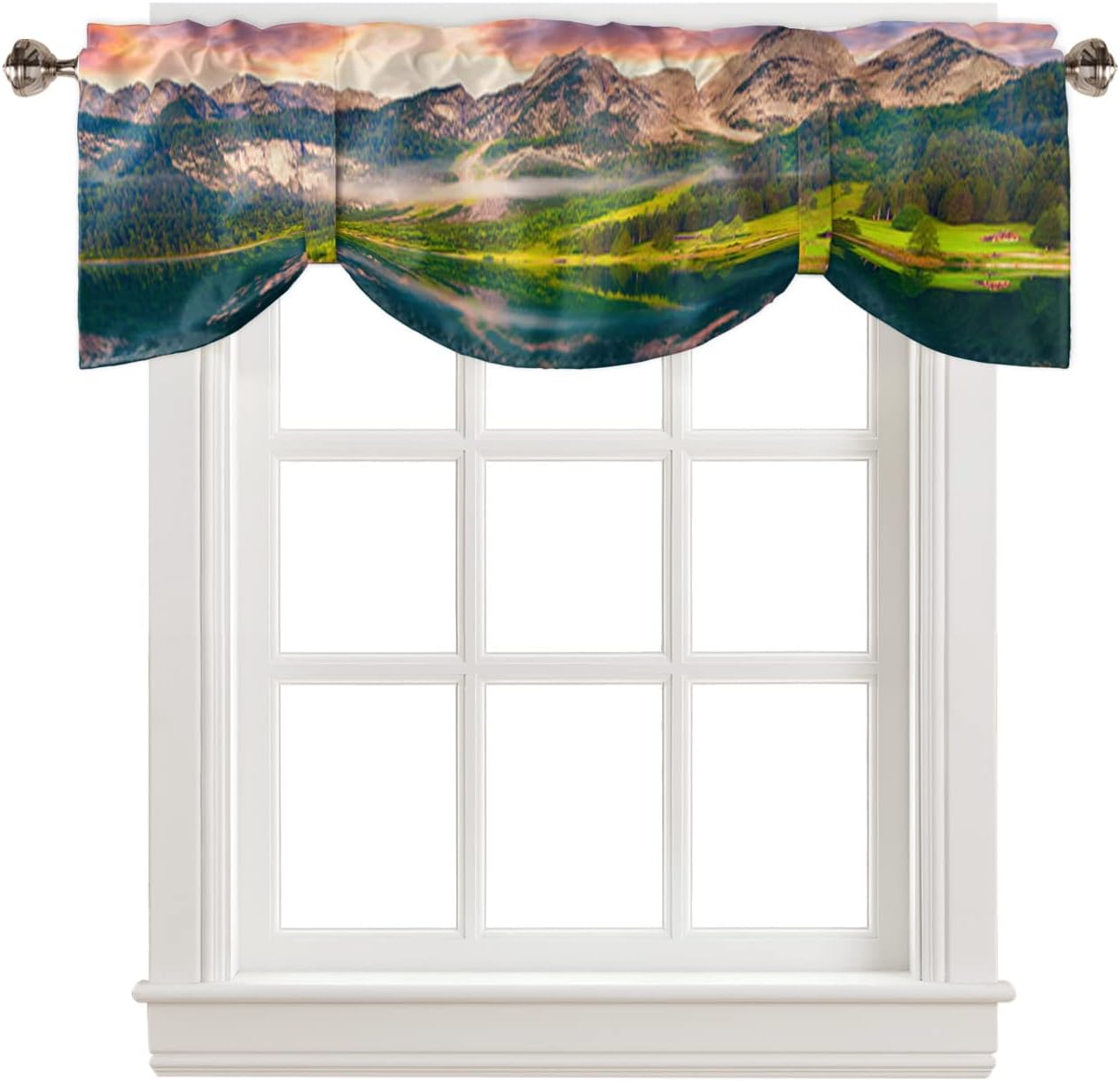 Valances for Windows, Natural Landscape Scenery Beautiful Dreamy Sundown Sunset Lake Tie Up Valance Curtains Light Filtering Adjustable Window