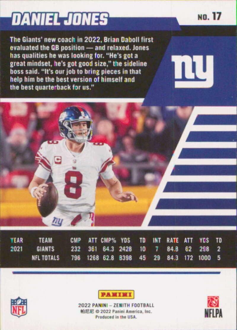 2022 Panini Zenith Retail #17 Daniel Jones New York Giants NFL Football Card NM-MT