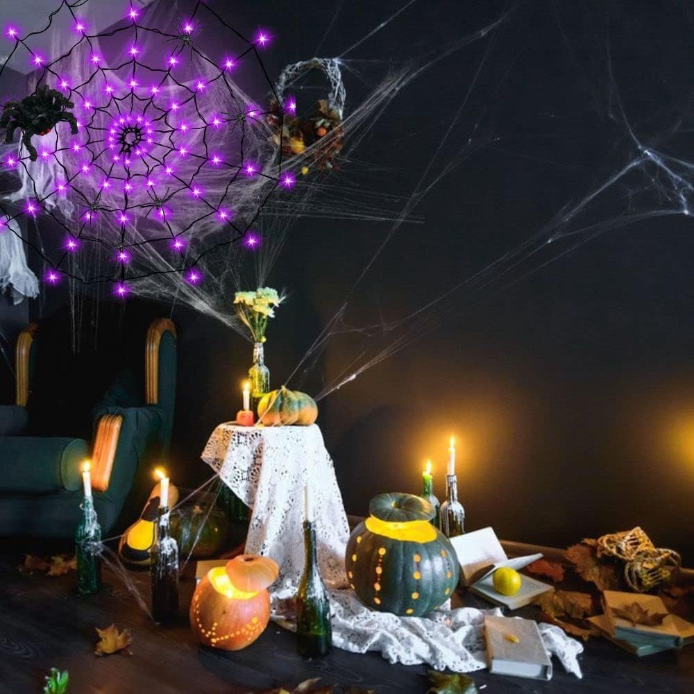 GVANCA Luces de telaraña de Halloween Decrations, 70 luces LED de telaraña para decoración de Halloween en interiores y exteriores, impermeables,