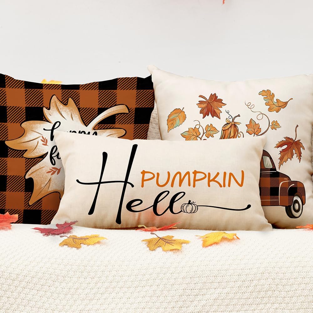 DFXSZ Fundas de almohada de otoño de 12 x 20 pulgadas, funda de cojín de calabaza con texto en inglés “Hello Pumpkin”, decoración de otoño, para