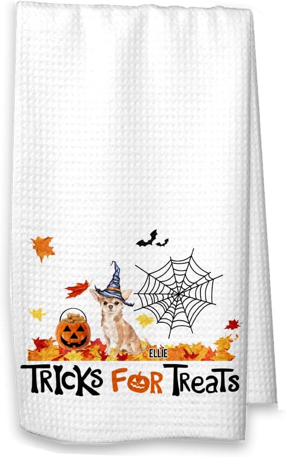 Studio 9Thirty3 Trucos para golosinas Chihuahua Halloween Cocina Waffle Toalla Chihuahua Decoración de otoño (Toalla blanca, Chihuahua con nombre)