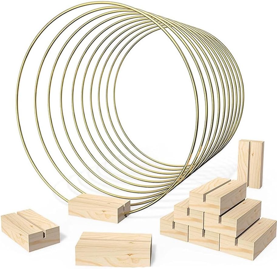 10 piezas de centro de mesa de aro floral de metal, anillo de corona dorada de 12 pulgadas con 10 soportes de madera, centro de mesa, decoración