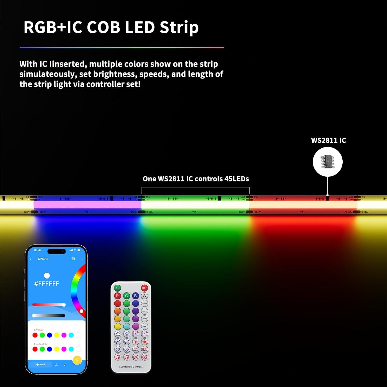 Gingsow Tira de luces LED RGB WS2811 IC COB de 18 pies, DC12V Kit de tira de luces LED RGB direccionables, control de aplicación, sincronización de