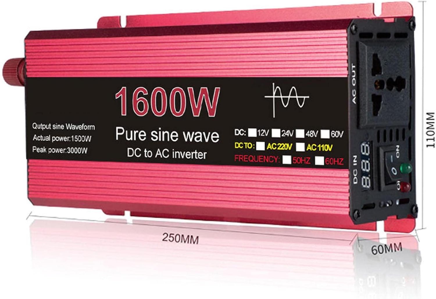 Inversor de onda sinusoidal pura 1000 W, 1600 W, 2200 W, 3000 W, voltaje CC 12 V24 V a CA 110 V220 V, inversor solar, 1600 W, 24 V 110 V