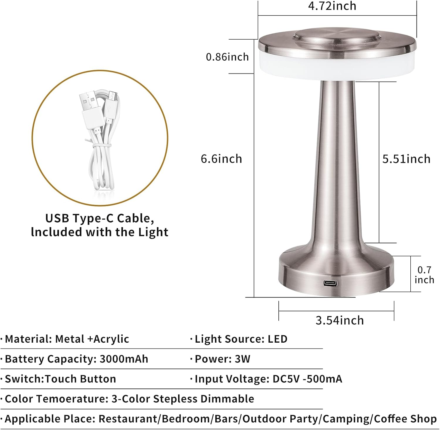 Lámpara de escritorio recargable con batería con sensor táctil (2600 mAh), lámpara de mesa LED portátil inalámbrica, regulable de tres niveles,