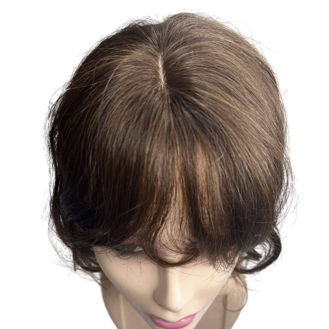 Extensiones de cabello humano ondulado con flequillo, 14 pulgadas, extensiones de cabello humano brasileño natural Remy (marrón claro)