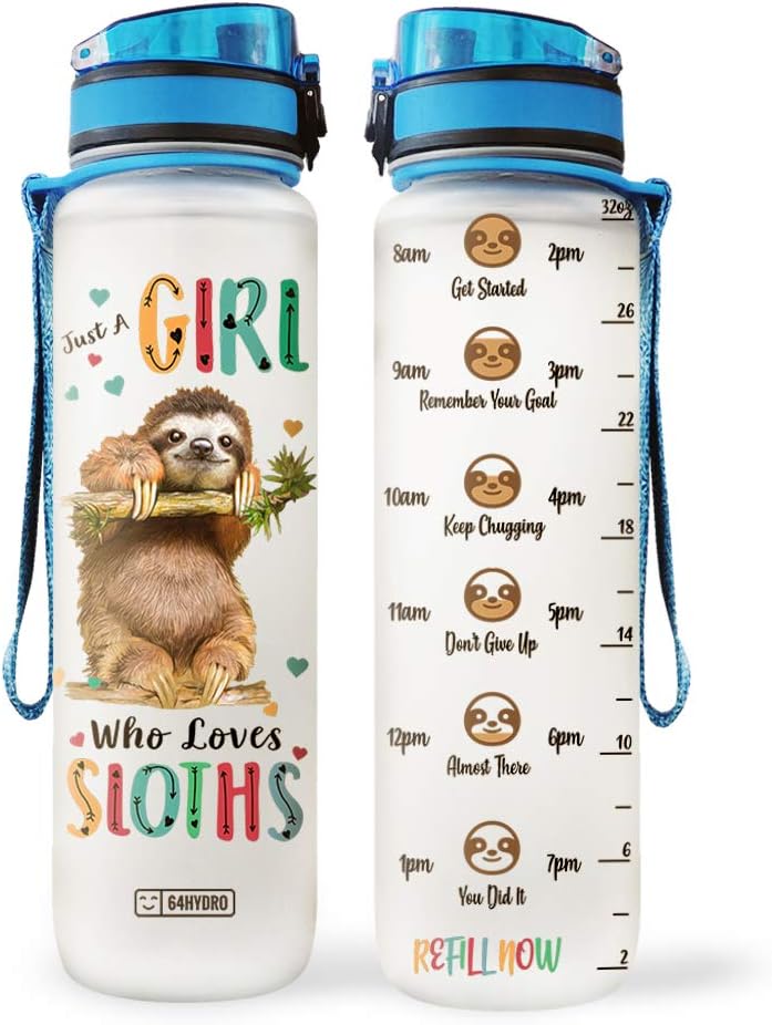 64HYDRO Botella de agua motivacional de 32 onzas con marcador de tiempo, inspiración para amantes de los perezosos Just A Girl Who Loves Sloths
