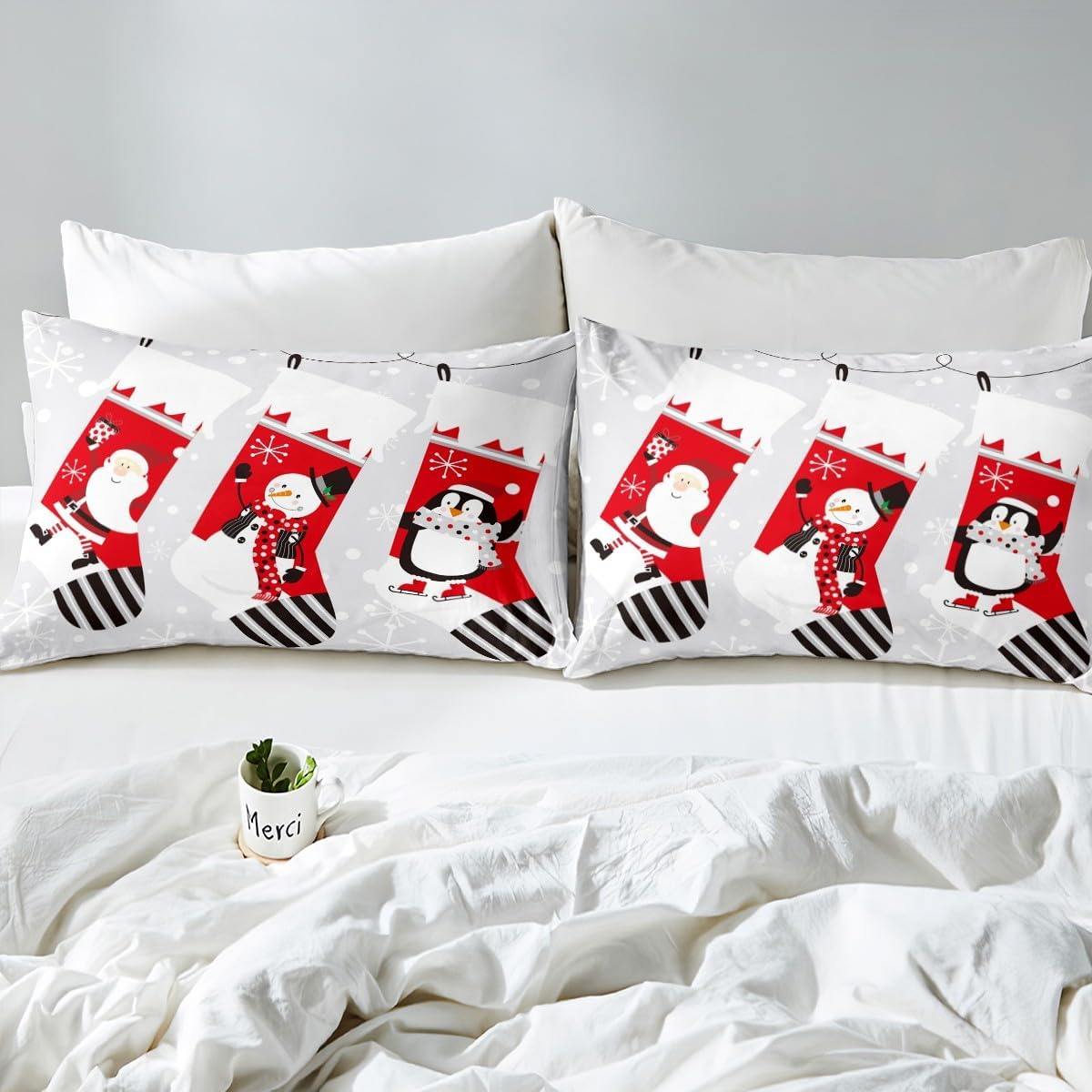 Erosebridal Juego de edredón de calcetines de Navidad para niños, juego de edredón de Papá Noel, ropa de cama de Navidad, muñeco de nieve, pingüino,
