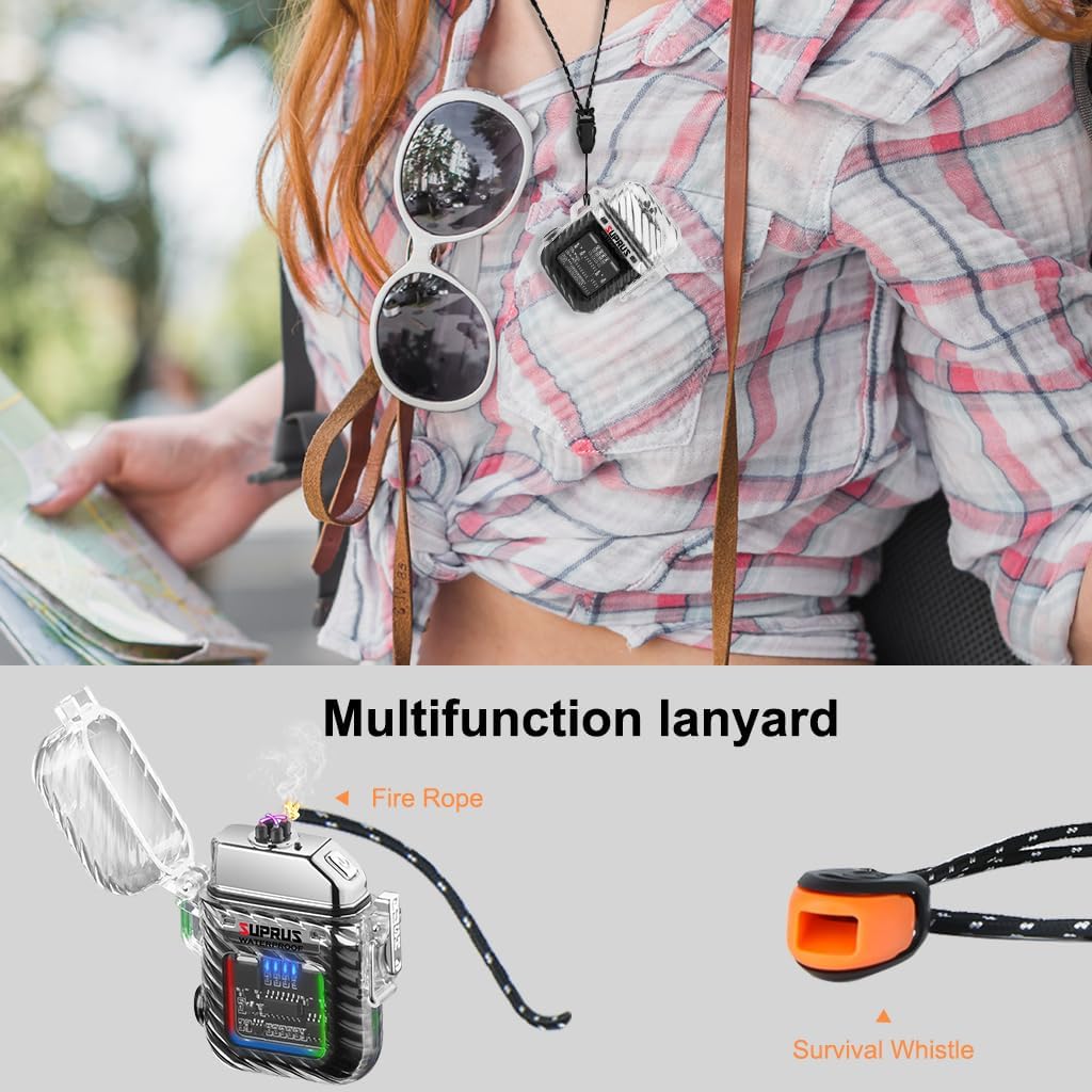 SUPRUS Encendedor luminoso con 3 modos de linterna, resistente al viento, impermeable, encendedor eléctrico recargable, encendedor de plasma de
