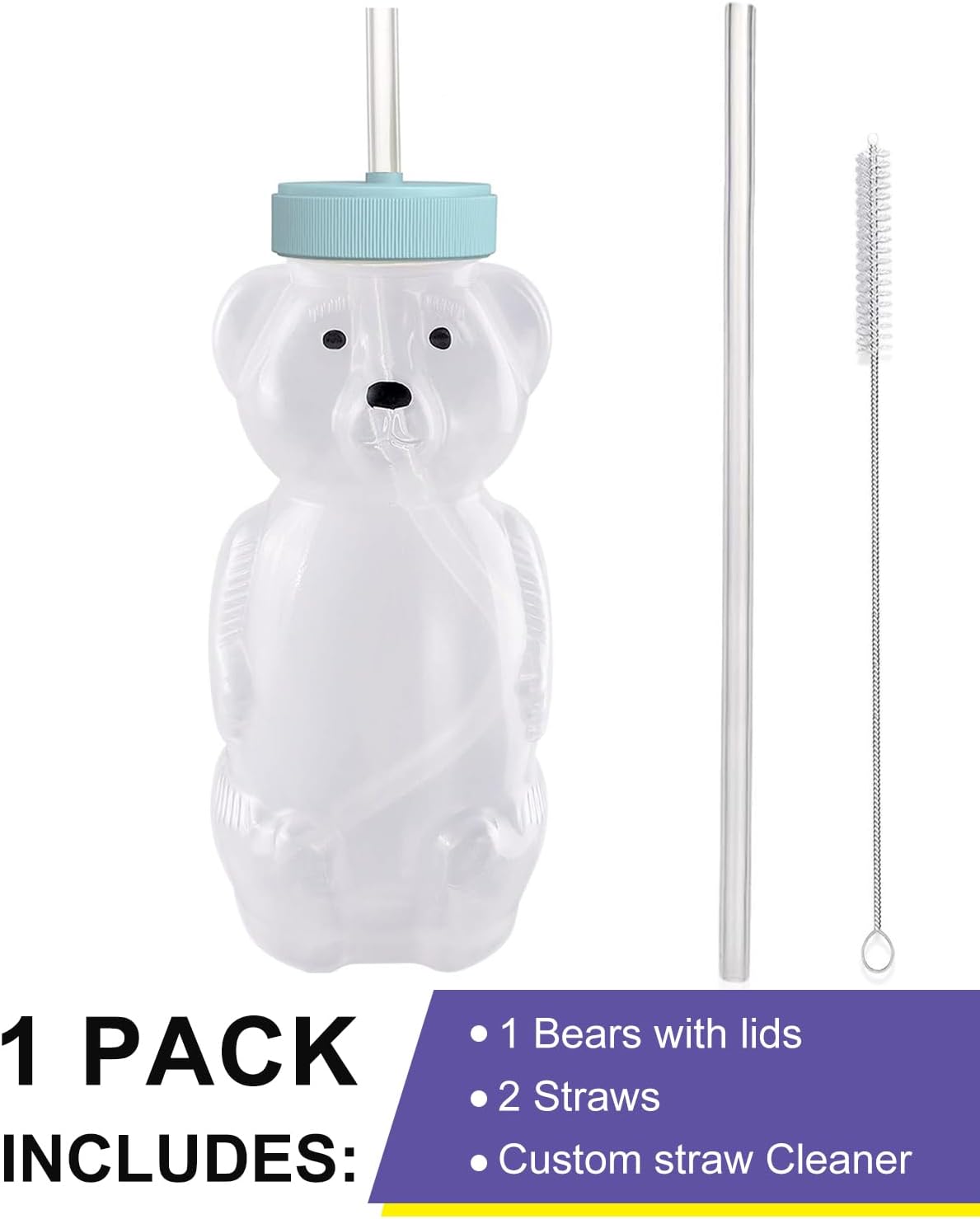 Honey Bear – Vasos con popote para bebés, paquete de 1 unidad, taza de oso de paja de 8 onzas con diseño de tapa de seguridad mejorado, popote para