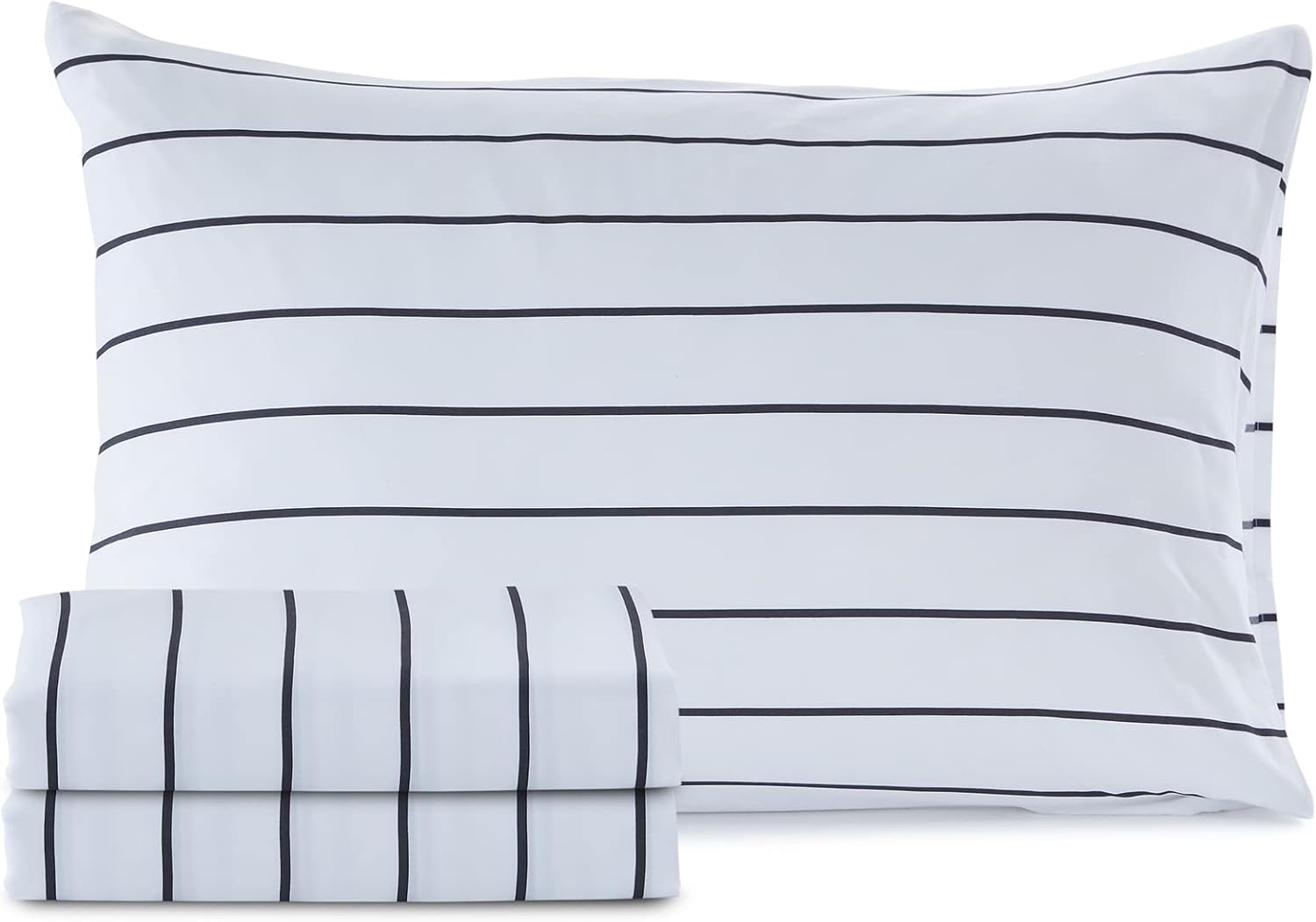 Homiest Juego de sábanas de 4 piezas, color blanco y negro, tamaño matrimonial, juego de ropa de cama suave a rayas horizontales, con bolsillo