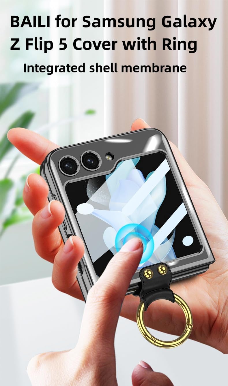 BAILI Funda transparente para Samsung Galaxy Z Flip5 con anillo, cristal duro para Galaxy Z Flip 5 con pantalla pequeña HD a prueba de explosiones