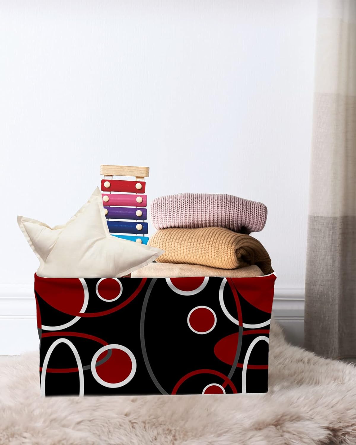Red Black Geometric Storage Basket for Organizing Shelves, Collapsible Storage Bins Boxes with Handle, Modern Round Geometric Abstract Art Canvas