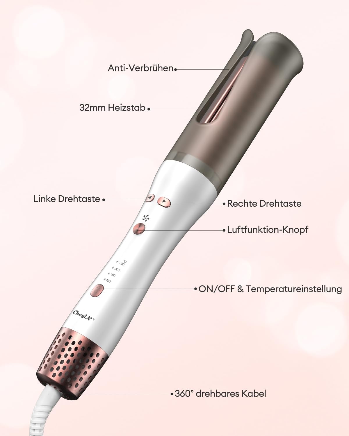 CkeyiN Rizador de pelo automático, rizador automático con ventilador de aire frío, aire frío de un solo toque y 4 temperaturas, rizador de pelo de