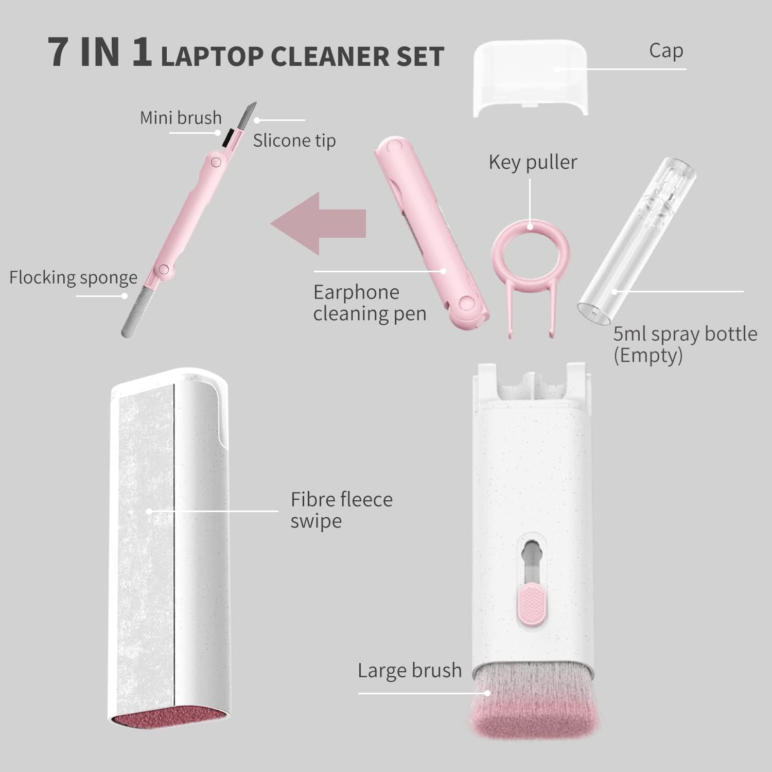 Limpiador para laptop, juego de limpiador de teclado 7 en 1, kit de limpieza de auriculares para MacBook, tableta y cepillo para polvo de pantalla,