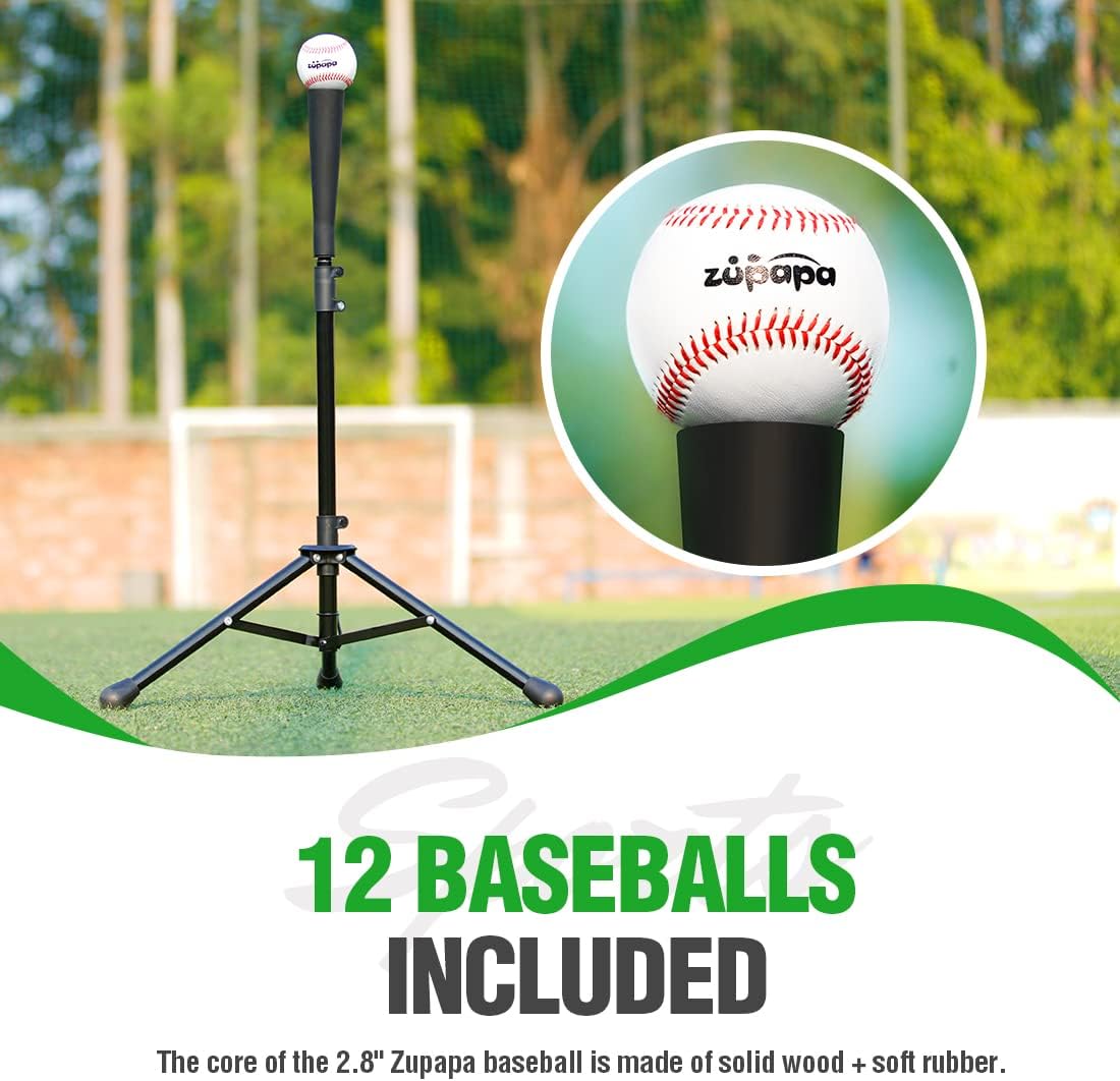 Zupapa Combo de práctica de béisbol y sóftbol, 7 x 7 pies, paquete de 12 pelotas de béisbol, zona de ataque vívido mejorada, red de práctica de