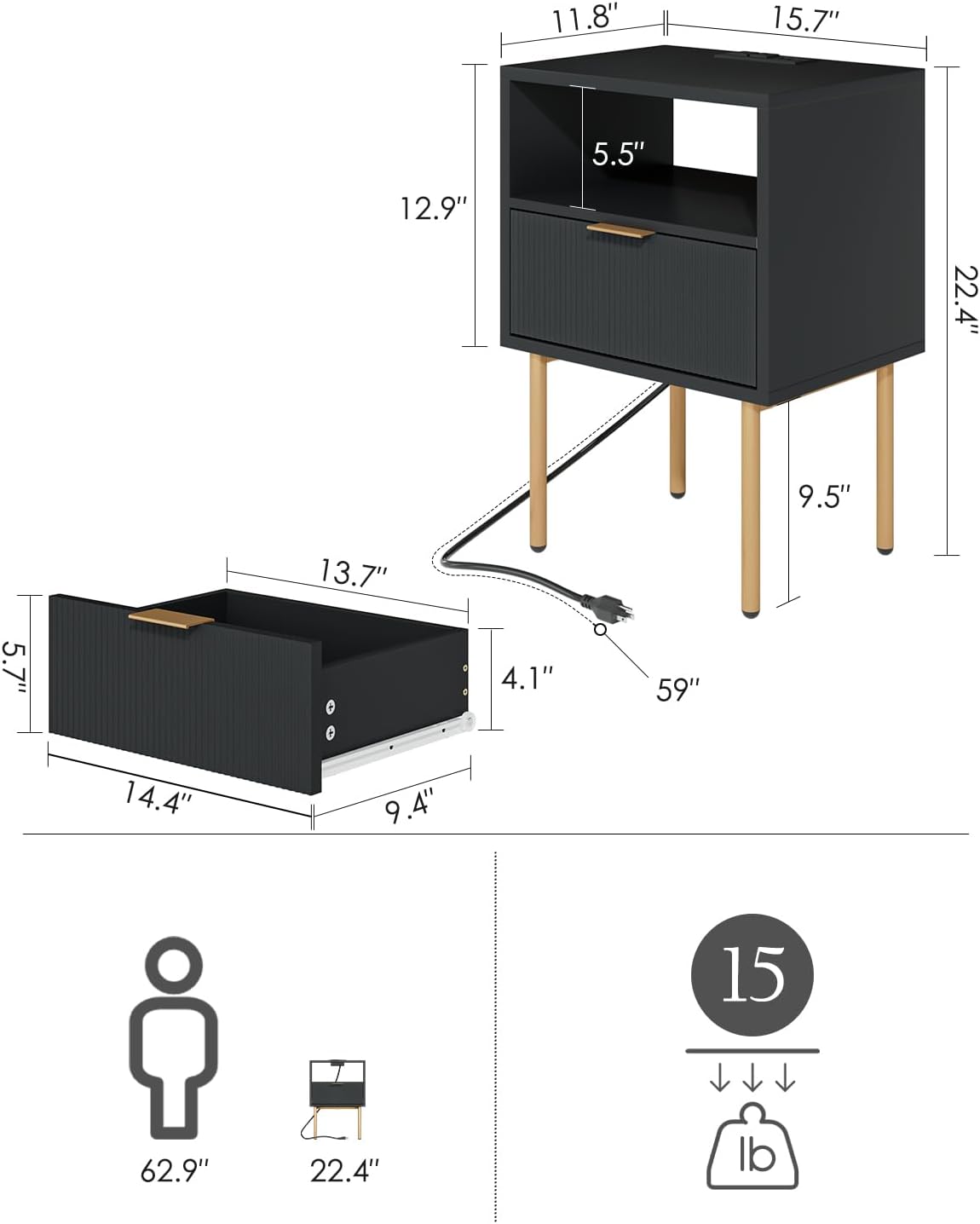 Mesita de noche con estación de carga, cómoda con cajón para dormitorio, mesa auxiliar pequeña con cajón, mesita de noche, mesa auxiliar con marco