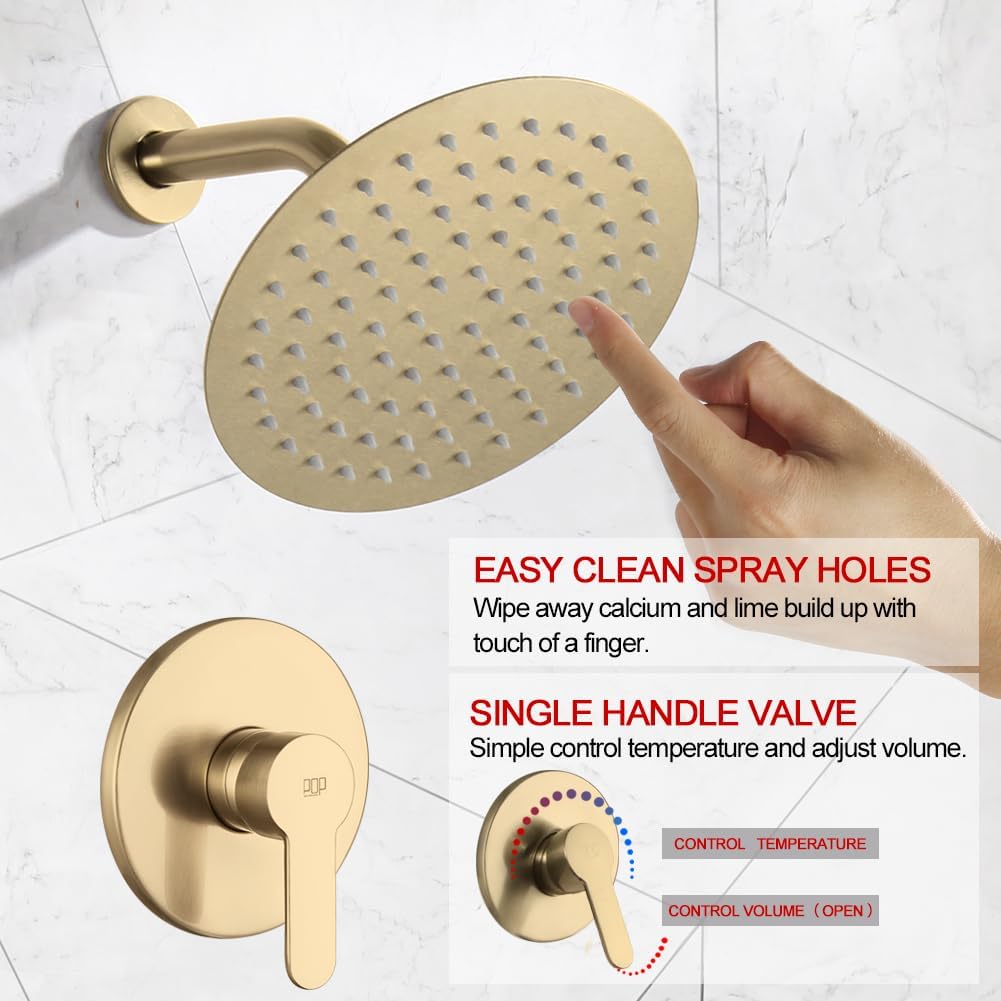 POP SANITARYWARE Juego de grifo de ducha dorado cepillado, mezclador de lluvia, accesorio de ducha montado en la pared, sistema de cabezal de ducha