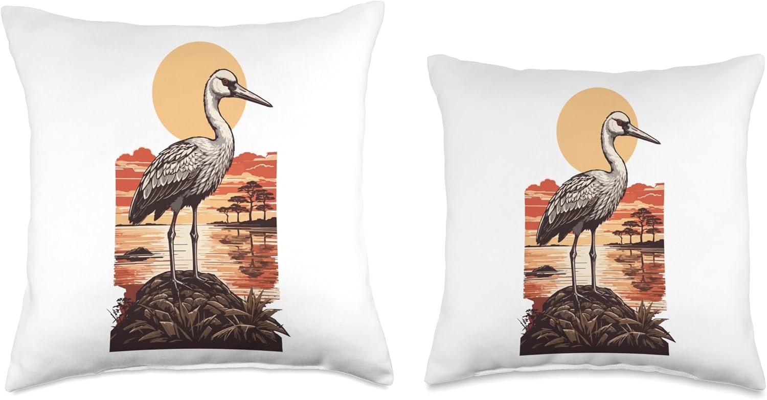 Flügel Feder Vogel Kunst Kranich Farbholzschnitt Ornithologist Crane Bird Design Asian Art Style Throw Pillow, 16×16, Multicolor