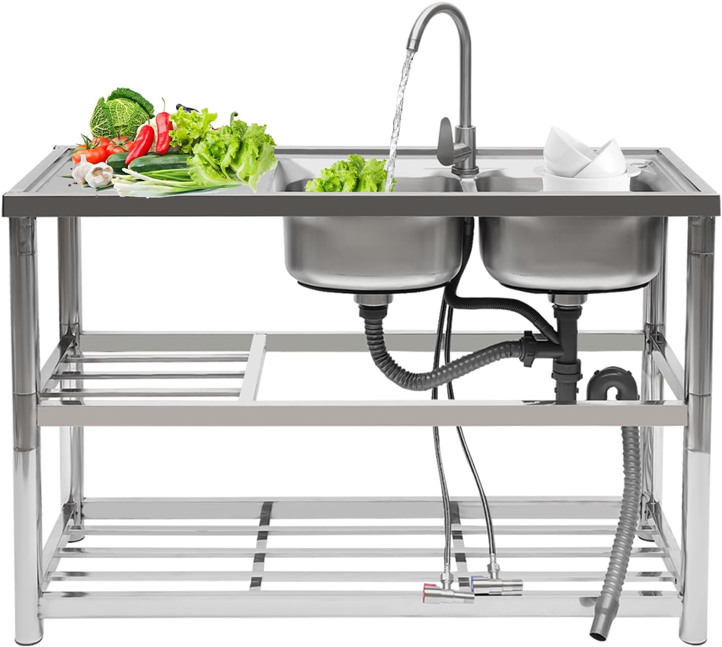 Fregadero de restaurante comercial, fregadero de cocina independiente de acero inoxidable 304, fregadero de cocina de doble tazón con grifo y