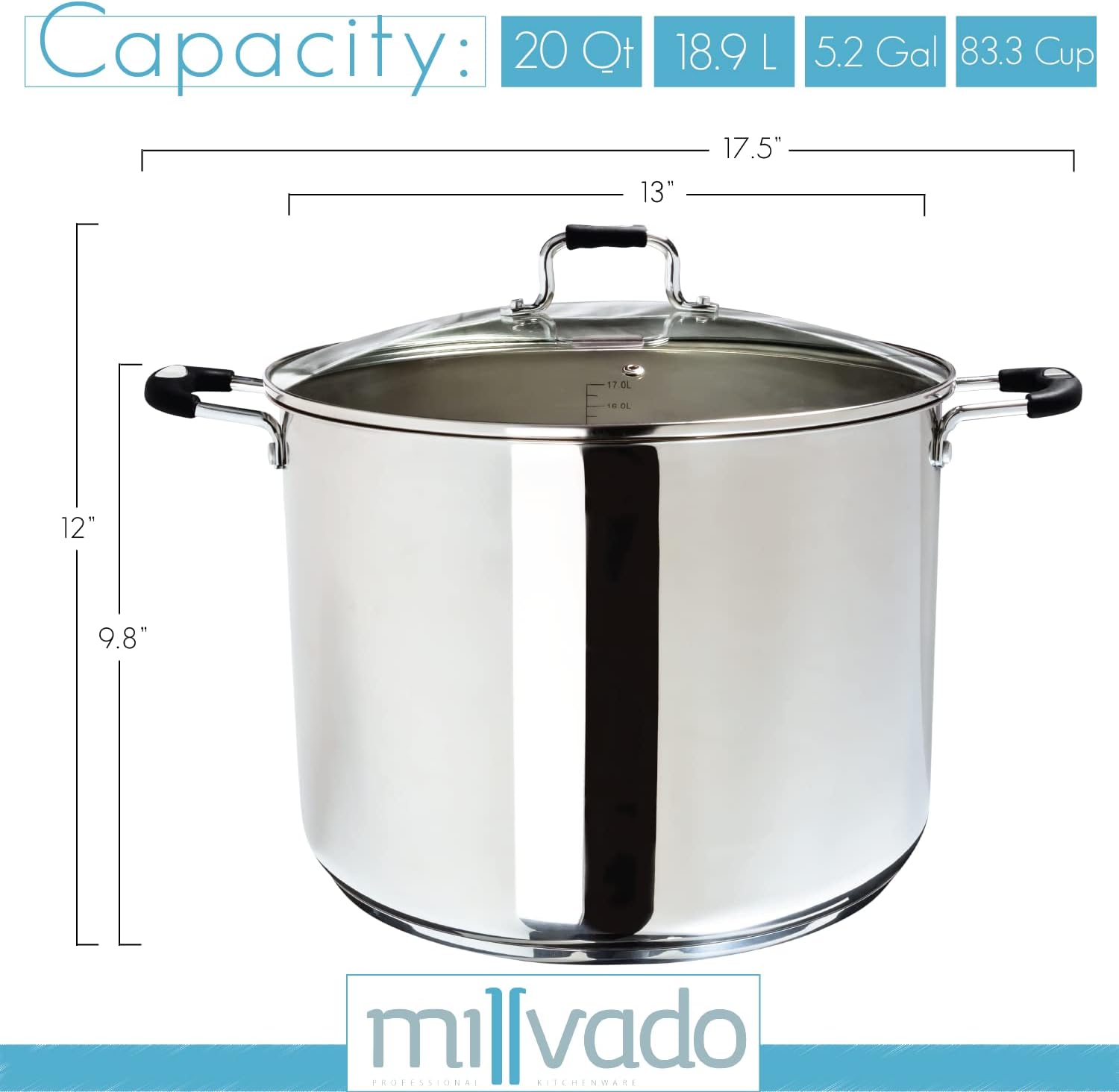 Olla grande de acero inoxidable de 20 cuartos de galón, olla de cocción grande, tapa de vidrio transparente y marcas de medición, orificio de vapor,