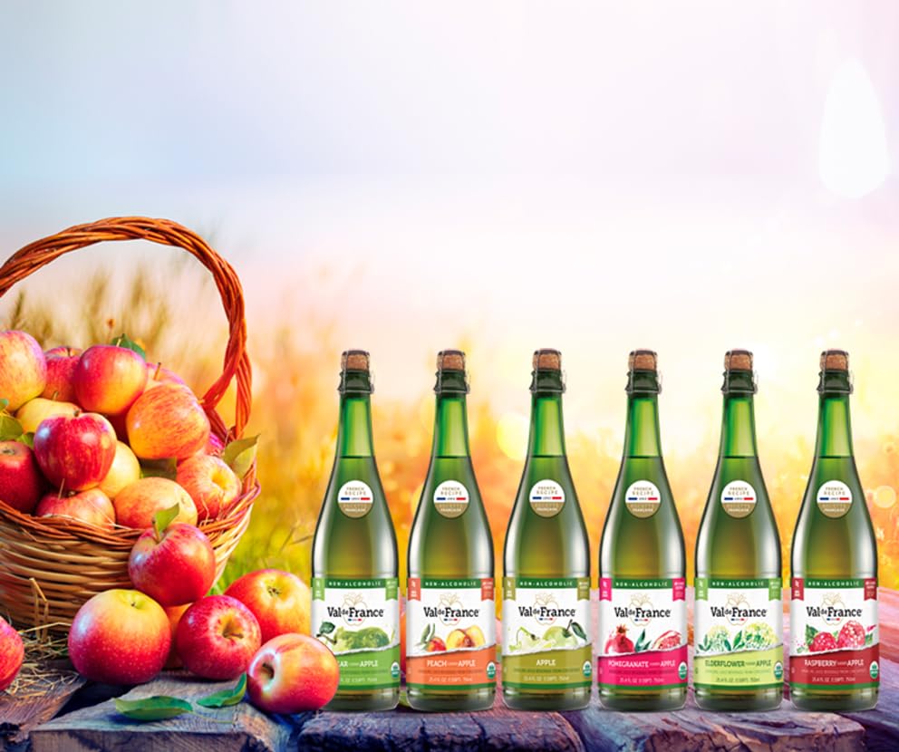 Val de France, Jugo espumoso sin alcohol, reducido en calorías, orgánico y OU Kosher (melocotón), 25.4 onzas líquidas (paquete de 4)