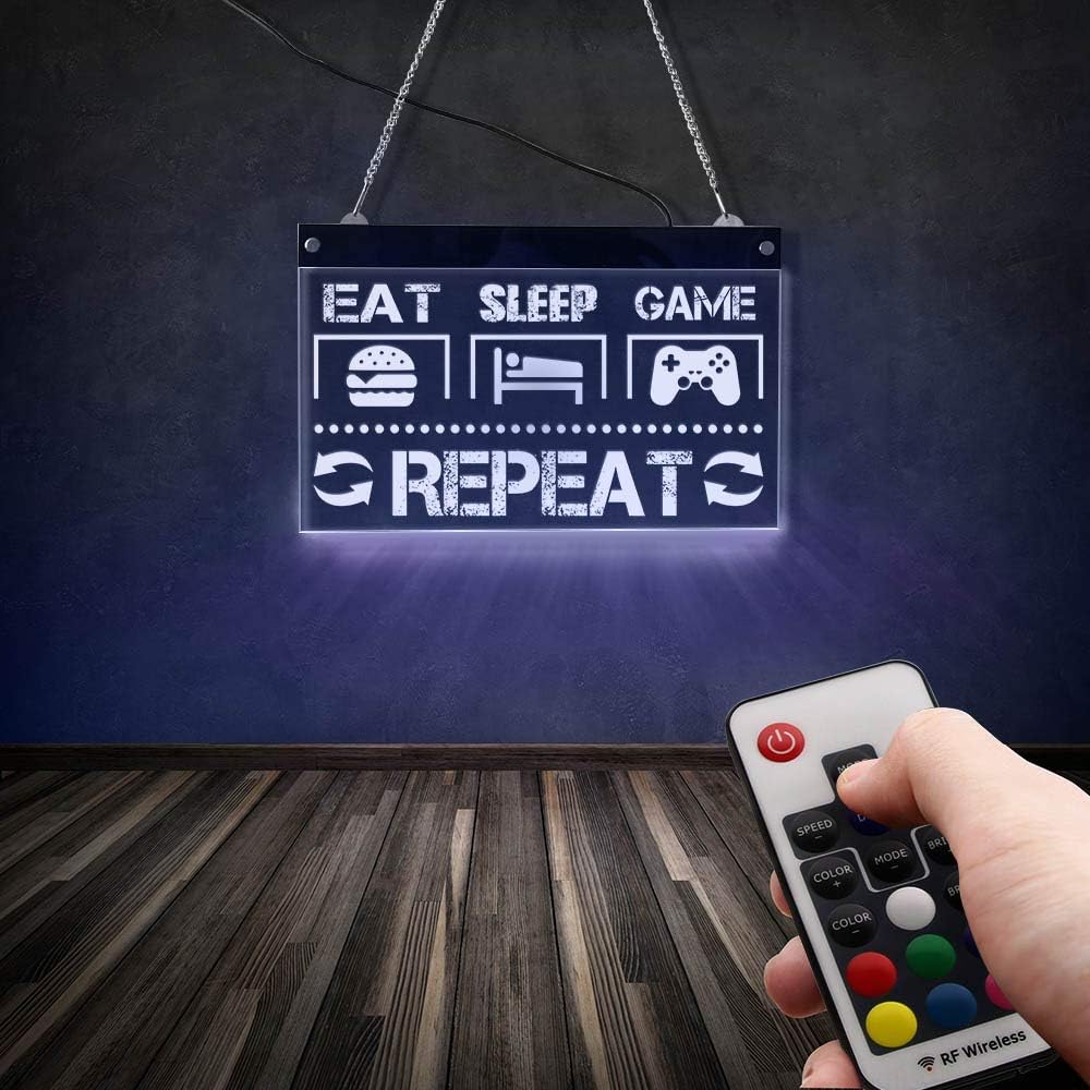 The Geeky Days Eat Sleep Game Repeat Funny Gaming Quote Letrero de neón LED con siete colores cambiantes para hombre, cueva, video gamer, decoración