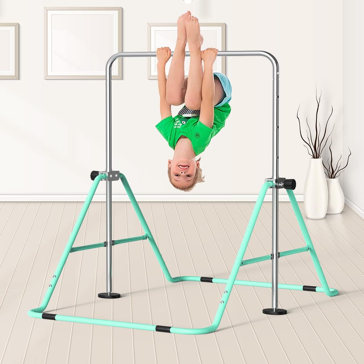 FBSPORT Barra de gimnasia para niños con anillos, barras horizontales de gimnasia de altura ajustable, barra de entrenamiento junior, barras