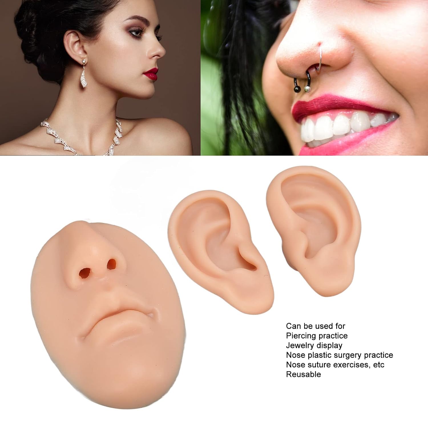 Betued Silicone Piercing Model for Novice Practice, Simulated Appearance, Realistic Experience in Nose and Ear Piercing (Medium Skin Color)