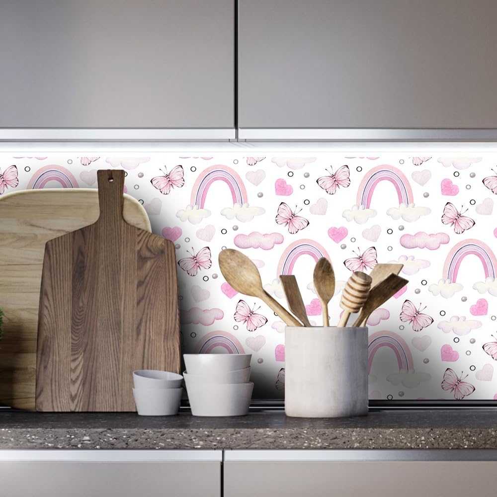 Papel tapiz de vinilo de 17.7 x 236.2 pulgadas, color rosa, arcoíris, mariposa, despegar y pegar, para habitación de los niños, para muebles de