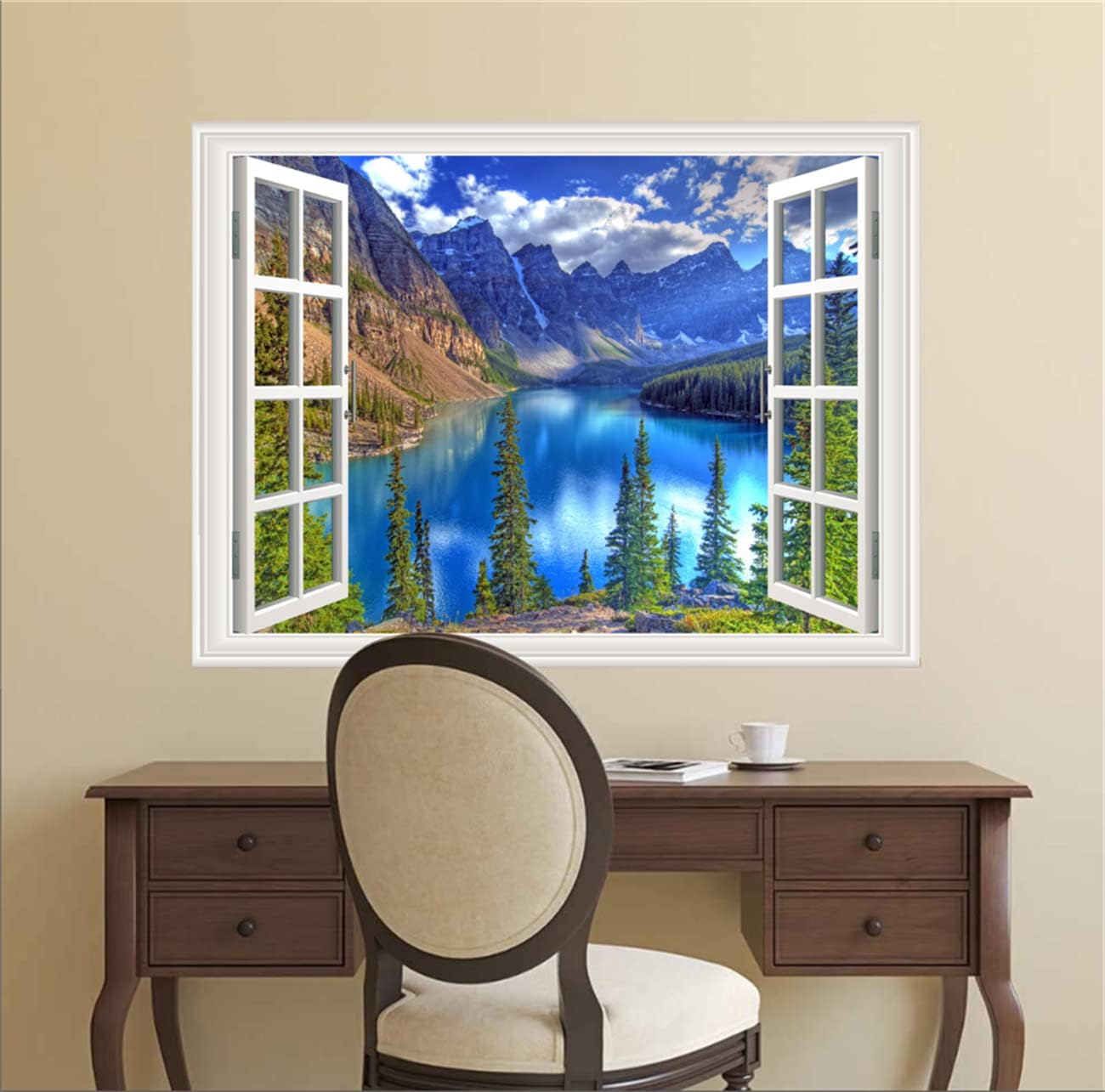 Pintura autoadhesiva 3D, calcomanías de pared falsas para ventana, isla tropical con palmeras, mural de pared, vista de ventana, decoración de pared
