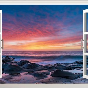 Calcomanía de pared de paisaje marino de playa, despegar y pegar, puesta de sol, ventana falsa 3D, naturaleza, océano, paisaje, vista de ventana, Calcomanía de pared de paisaje marino de playa, despegar y pegar, puesta de sol, ventana falsa 3D, naturaleza, océano, paisaje, vista de ventana,