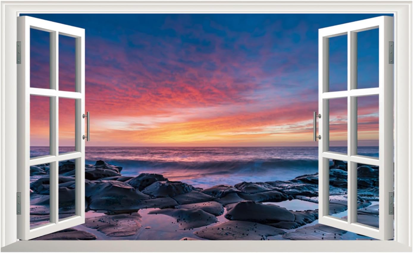 Calcomanía de pared de paisaje marino de playa, despegar y pegar, puesta de sol, ventana falsa 3D, naturaleza, océano, paisaje, vista de ventana,