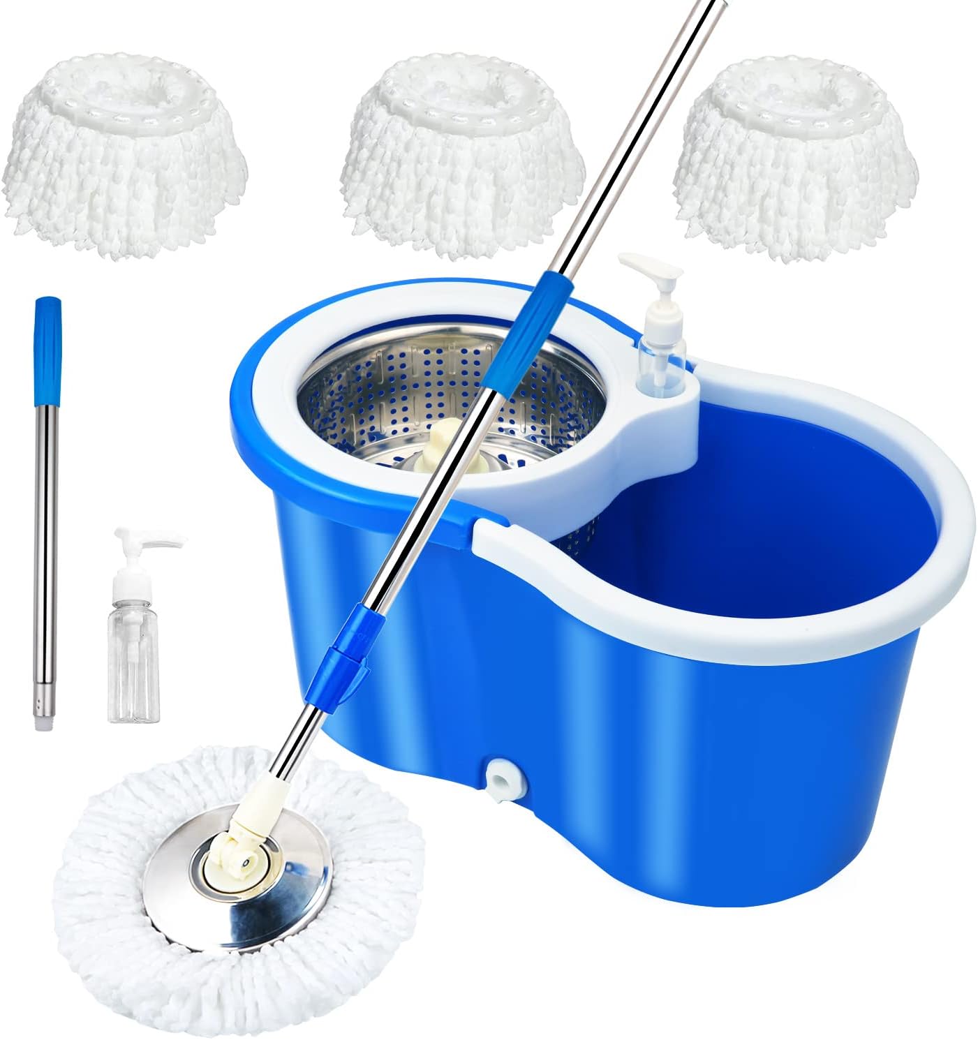 Trapeador giratorio y cubo con juego de escurridor, sistema de fregona y cubo de 360 con 3 repuestos de fregona de microfibra y mango extendido de