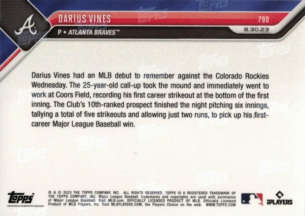 2023 Topps Now Baseball #790 Darius Vines Pre-Rookie Card Braves – Earns Victory in Debut